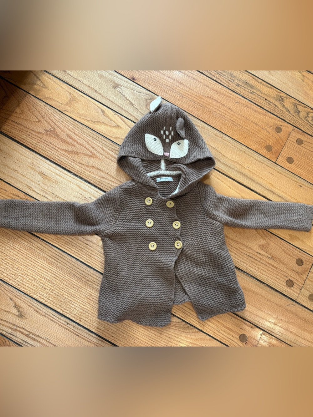 Baby Boden Brown and Cream Knit Hooded Cardigan with Deer Animal Face 18-24mo